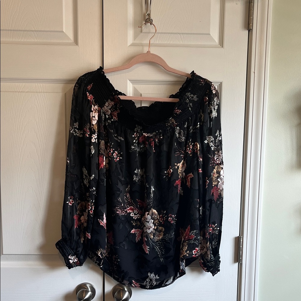 White House Black Market Ruffled Black Blouse with Long Sleeves